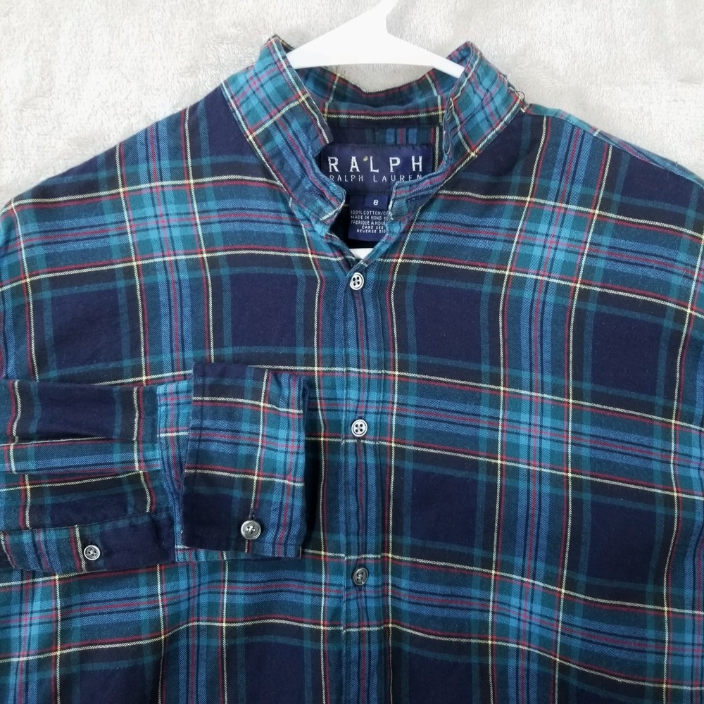 Ralph Ralph Lauren Womens‎ 8 Blue Green Plaid Cotton Button Down Flannel Shirt